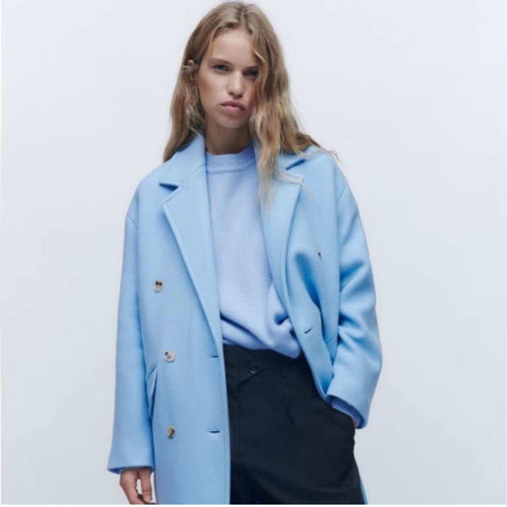 ZARA Blue Double-Breasted Wool blend Coat - Size Small